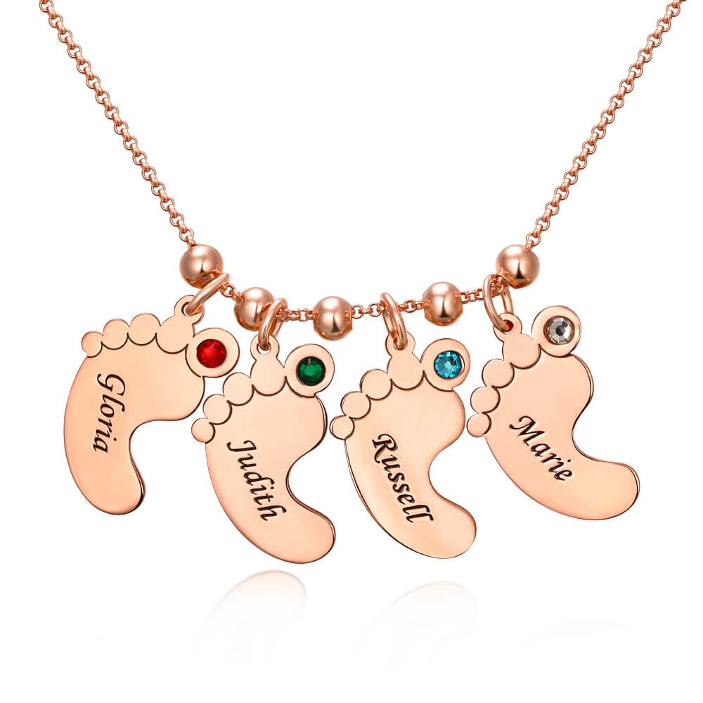 Personalised 1-6 Baby Feet Engravable Charms Name Necklace With Birthstone