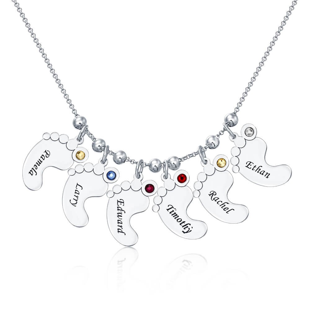 Silver Personalised 1-6 Baby Feet Engravable Charms Name Necklace With Birthstone