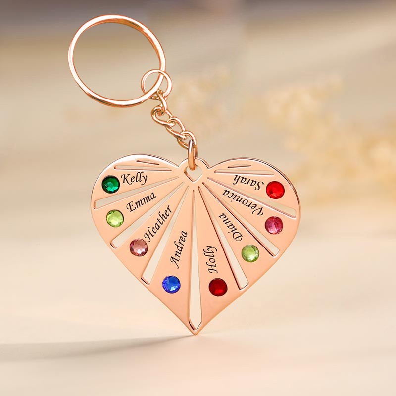 Personalised 1-8 Engraving Names with Birthstone Key Chain Gift