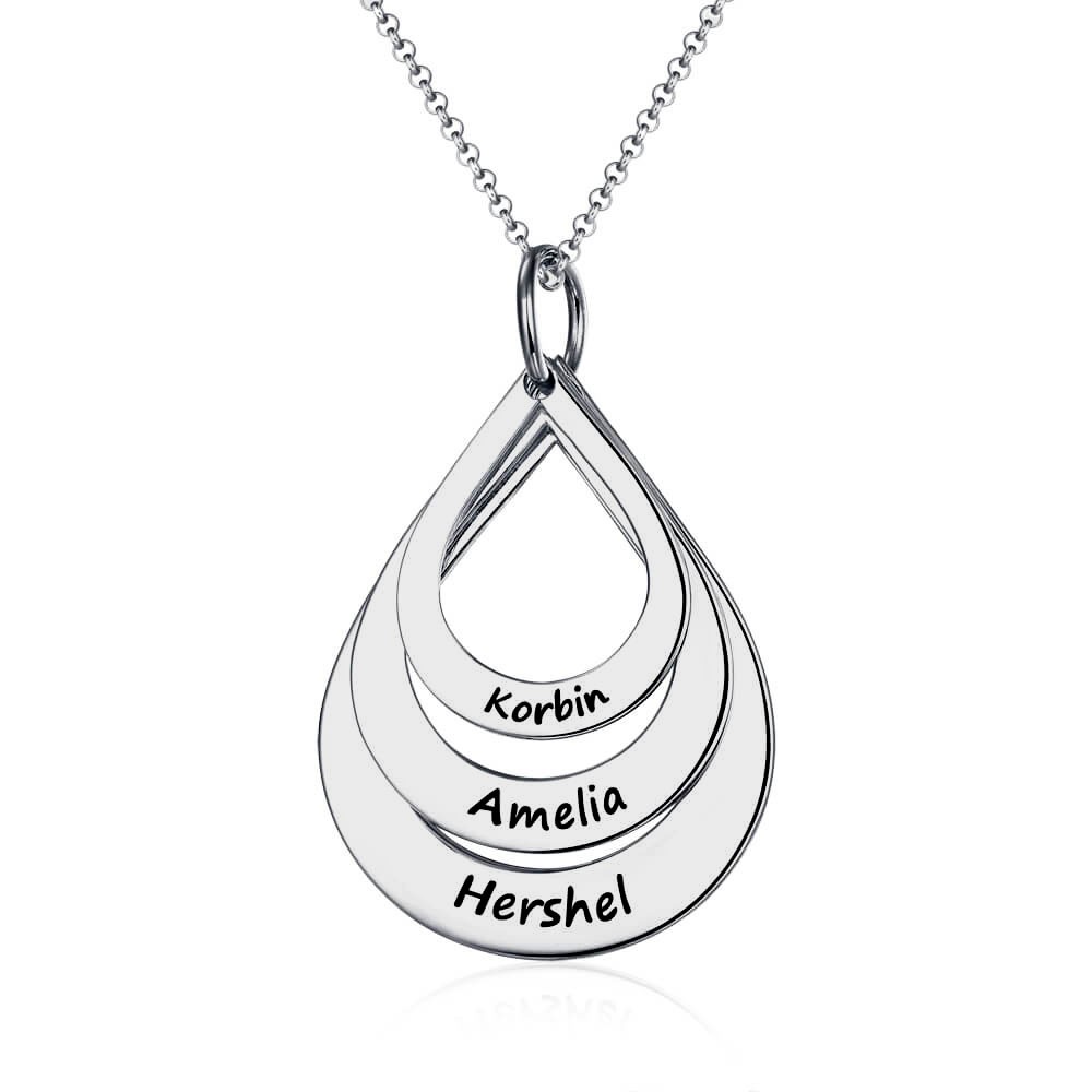 Silver Personalised Engraved Family Names Necklace Up To 5 Drops Shaped