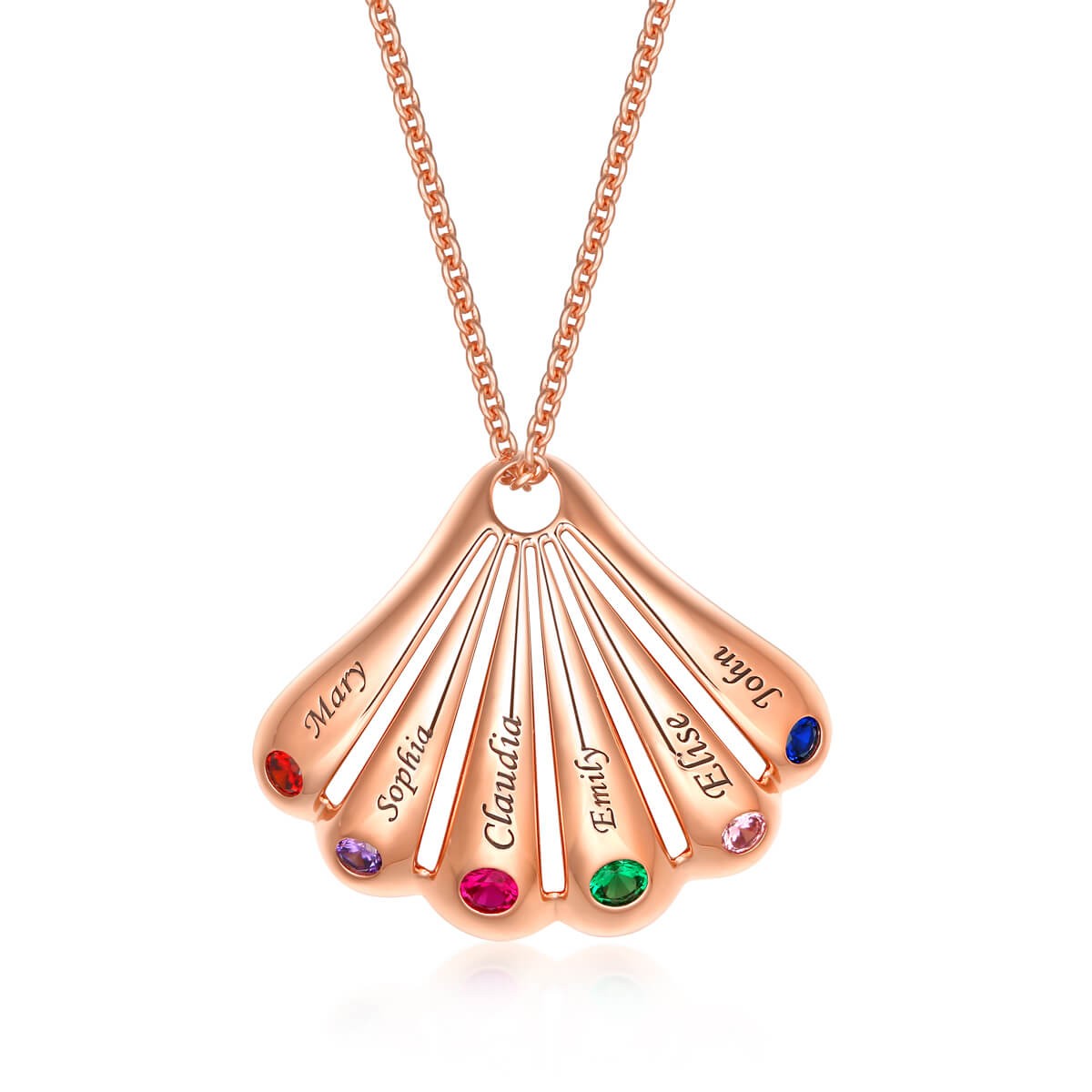 18K Rose Gold Plating Personalised Shell Shape Pendant Names Necklace With 1-9 Birthstones and Engravings