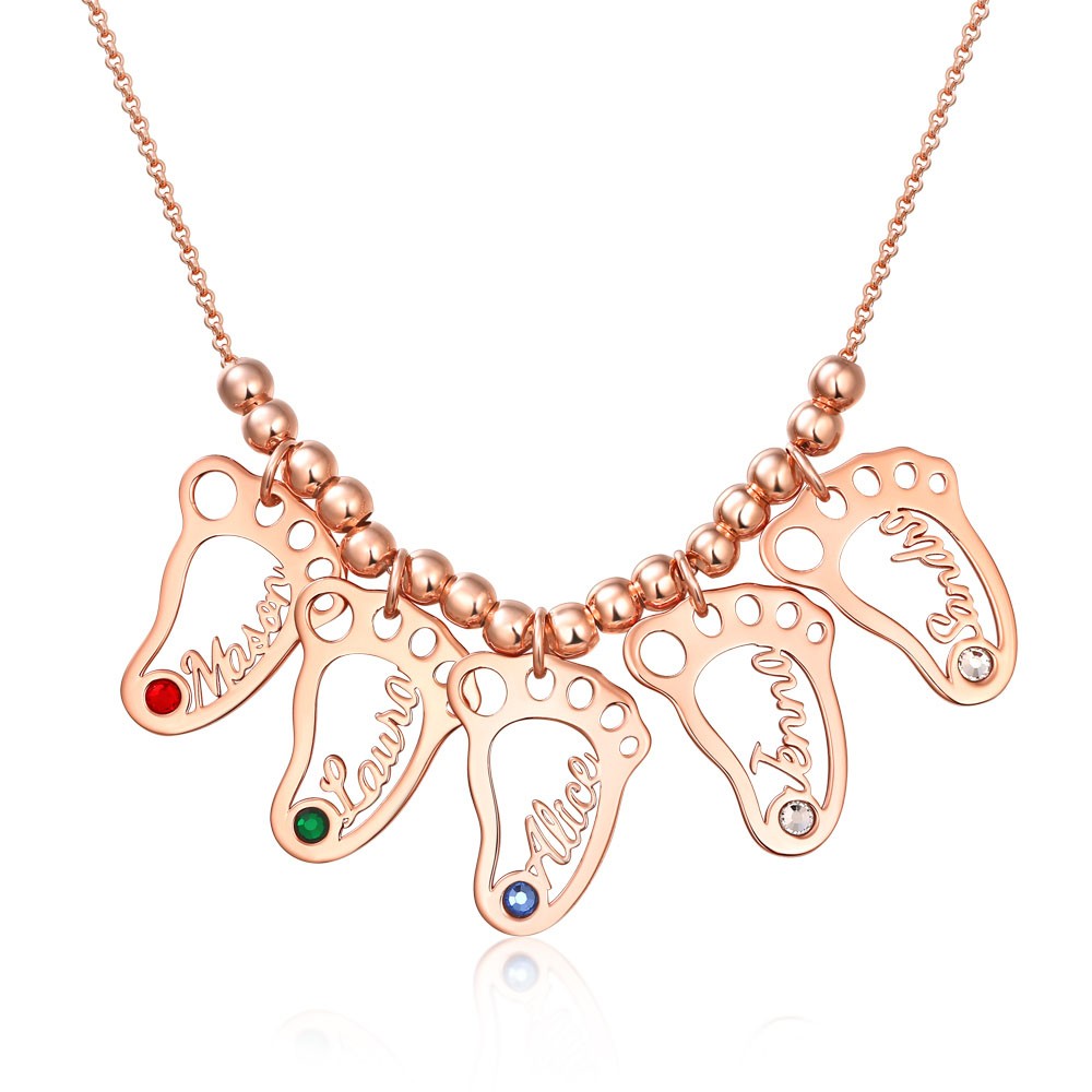 Personalised 1-10 Hollow BabyFeet Charms Name Necklace With Birthstone