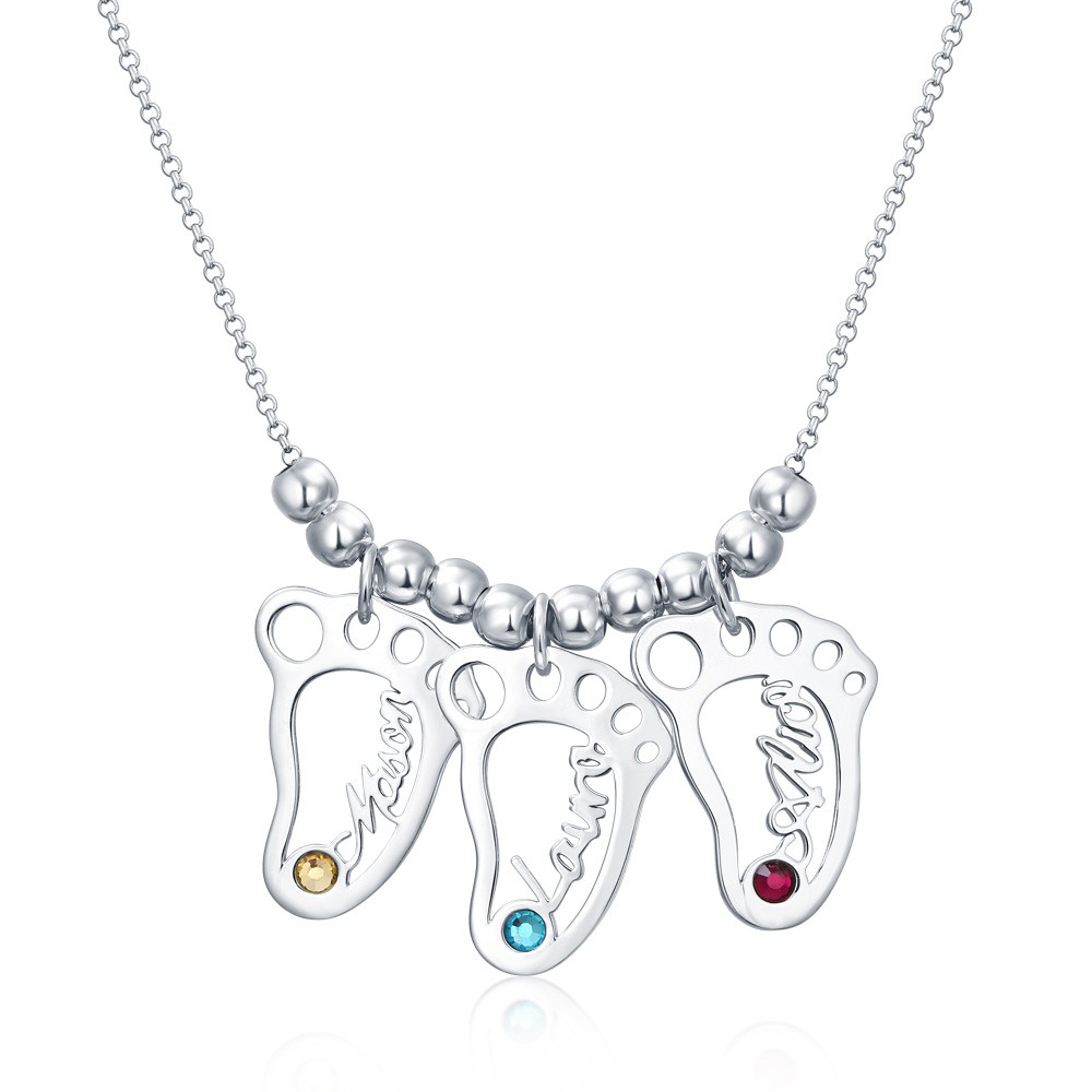 Silver Personalised 1-10 Hollow BabyFeet Charms Name Necklace With Birthstone