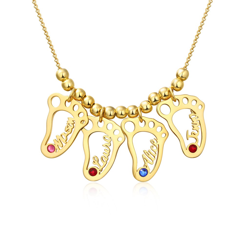 Personalised 1-10 Hollow BabyFeet Charms Name Necklace With Birthstone