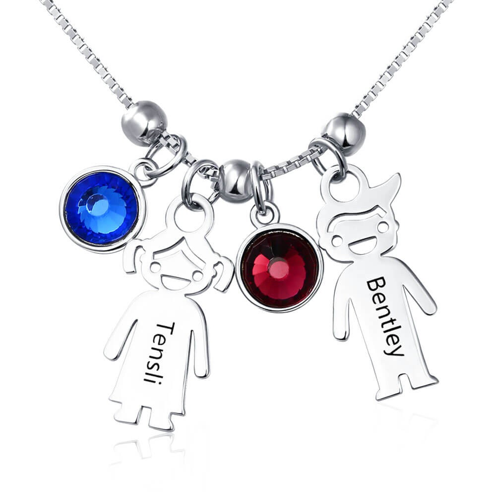 Silver Personalised 1-12 Kids Charms Pendants Names Engraved Necklace With Birthstone