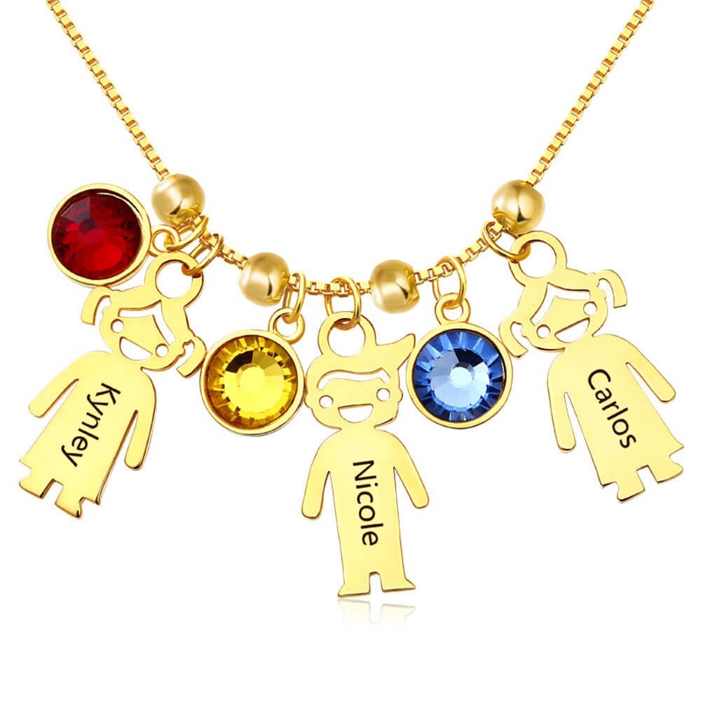 Personalised Birthstones Family Baby Kids Boy Girl Names Engraved Necklaces With 1-12 Pendants 
