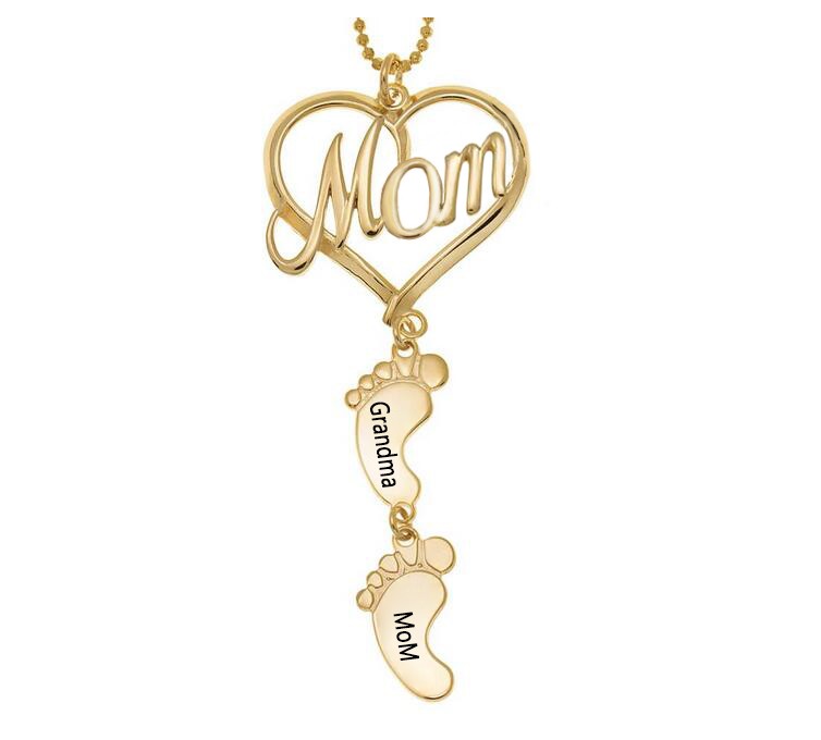 Personalised Love Mum Heart Baby Feet Charms Engraved Name Necklaces With 1-10 Pendants