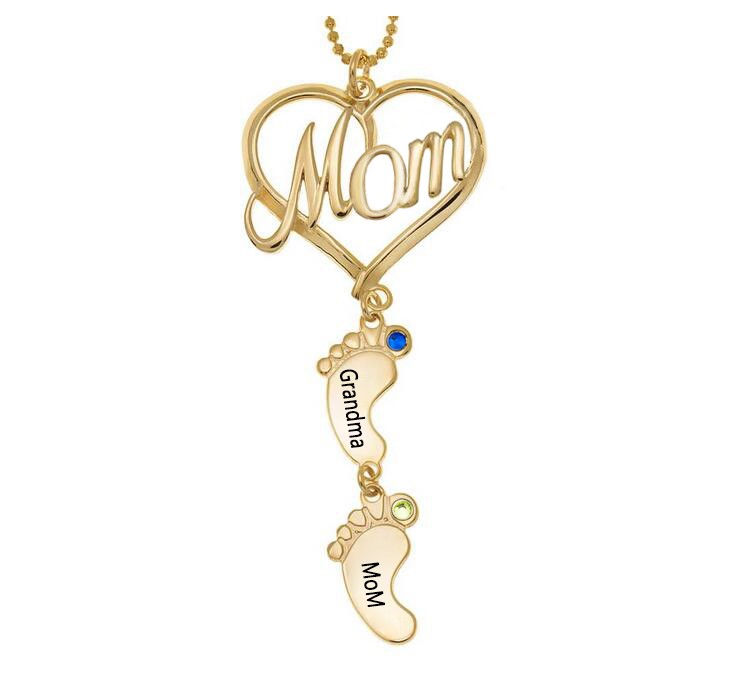 Personalised MOM Heart Baby Feet Pendant Birthstone Name Necklace with 1-10 Charms