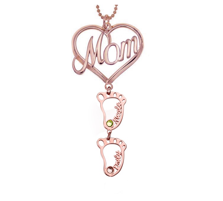 Personalised MOM Heart Pendant Birthstones Name Necklace with 1-10 Hollow BabyFeet Charms