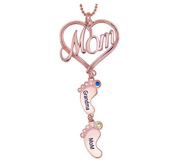 Personalised MOM Heart Baby Feet Pendant Birthstone Name Necklace with 1-10 Charms