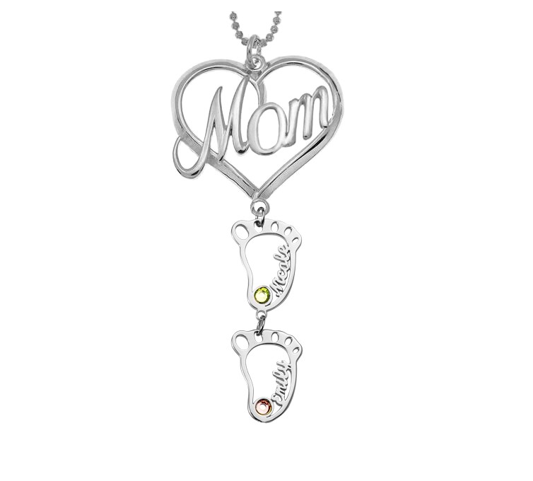 Silver Personalised MOM Heart Pendant Birthstones Name Necklace with 1-10 Hollow BabyFeet Charms