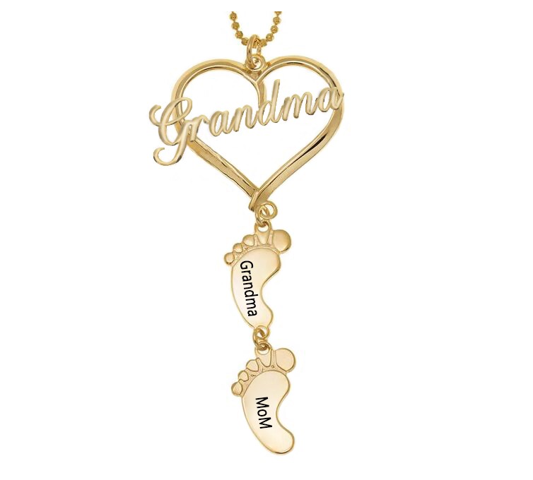 Personalised Love Grandma Heart Baby Feet Shape Engraved Name Necklaces With 1-10 Pendants