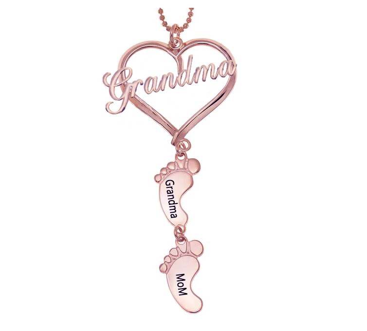18K Rose Gold Plating Personalised Love Grandma Heart 1-10 Baby Feet Shape Engraved Name Necklace