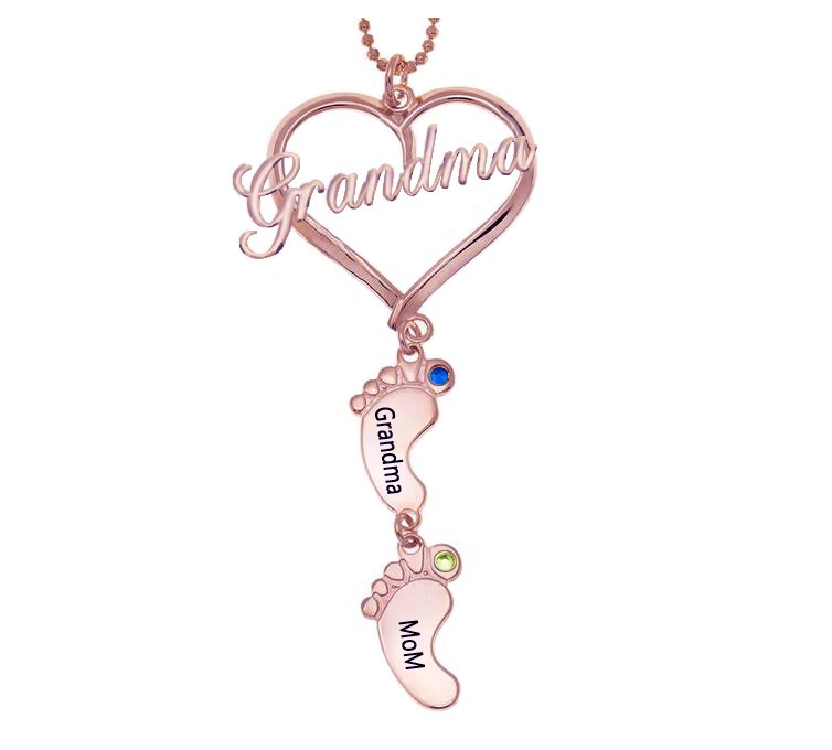 Personalised Grandma Heart Baby Feet Pendant Birthstone Name Necklace with 1-10 Charms