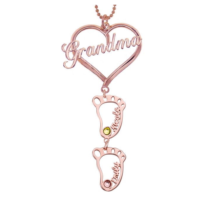 18K Rose Gold Plating Personalised Grandma Heart Pendant 1-10 Hollow BabyFeet Charm Birthstone Name Necklace