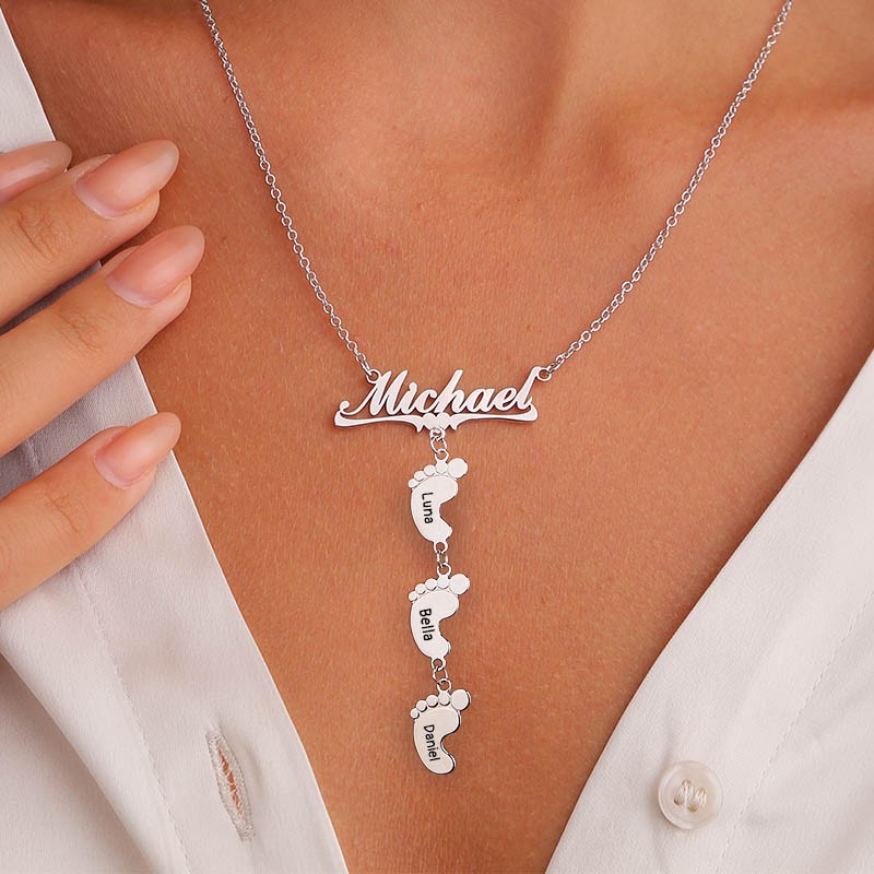 Silver Personalised Mum Name Necklace With 1-10 Baby Feet Charms