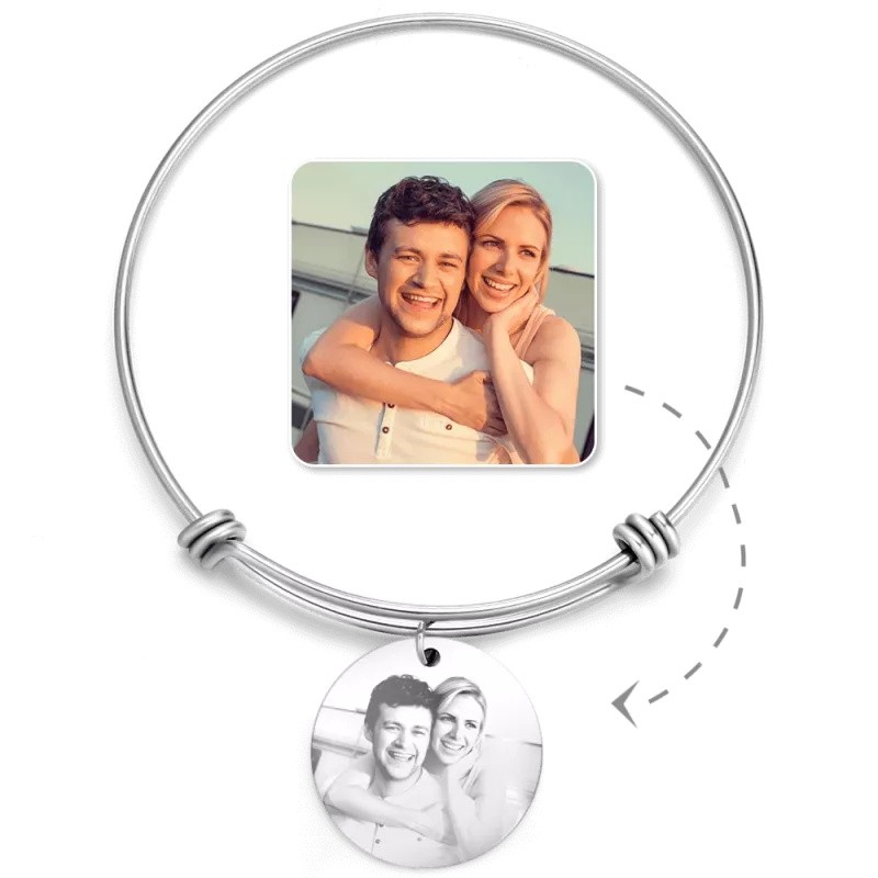 Women's Round Photo Engraved Charm Bangle