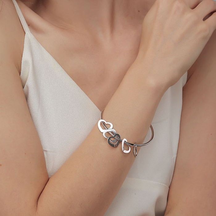 Silver Personalised Heart Name Engraving Bangle Bracelet with 1-15 Heart Shape Pendants