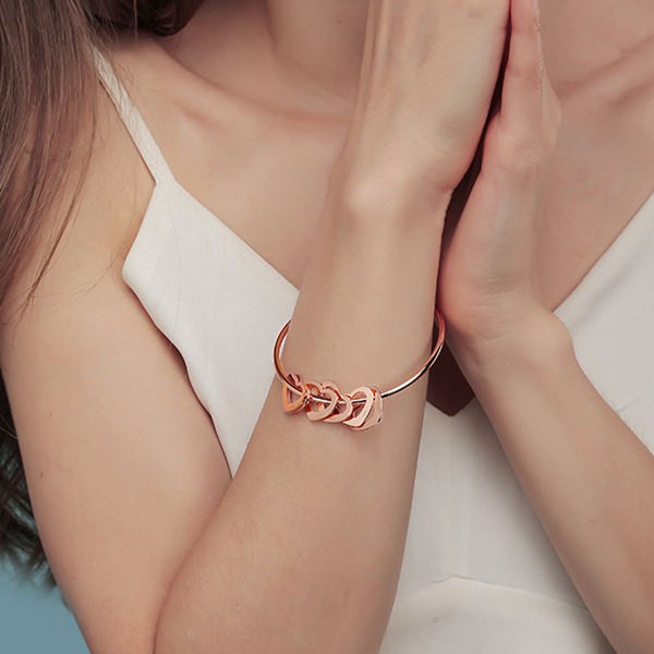 18K Rose Gold Plating Personalised Heart Name Engraving Bangle Bracelet with 1-15 Heart Shape Pendants