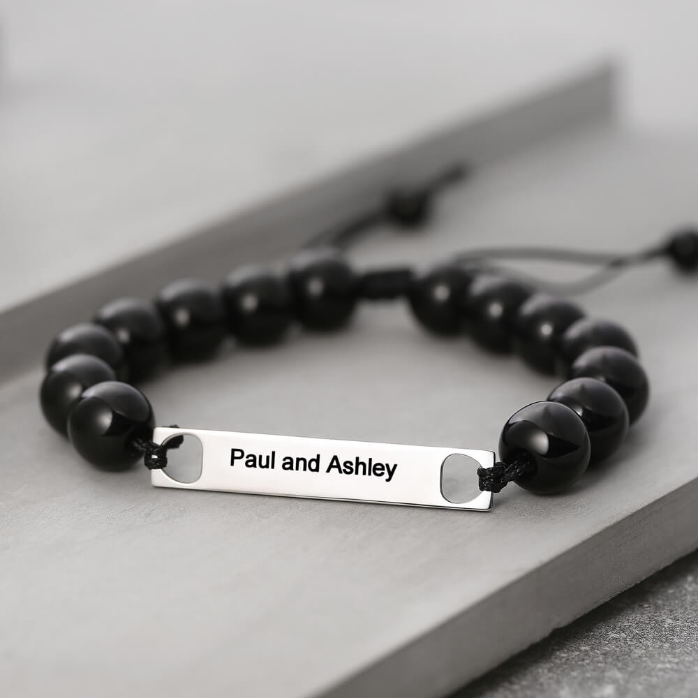 Mens Personalised Beads Engraved Name Bracelet