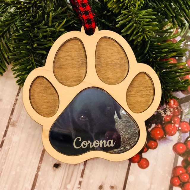 Personalised Wood Pet Paw Memorial Ornament With Photo Name Engraved
