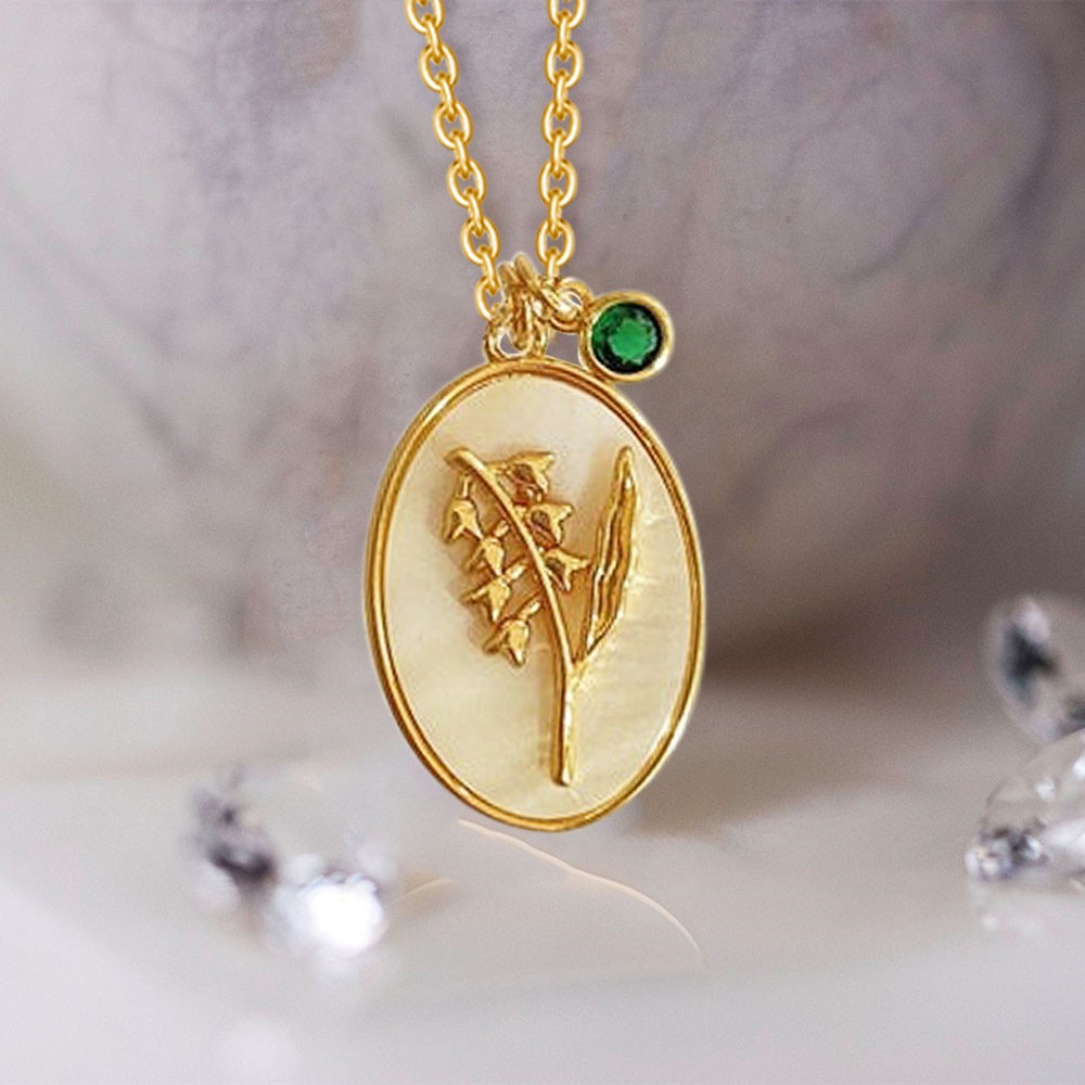 Personalised Dainty Birth Month Flower Mother Shell Gold Necklace With Birthstone For Mum