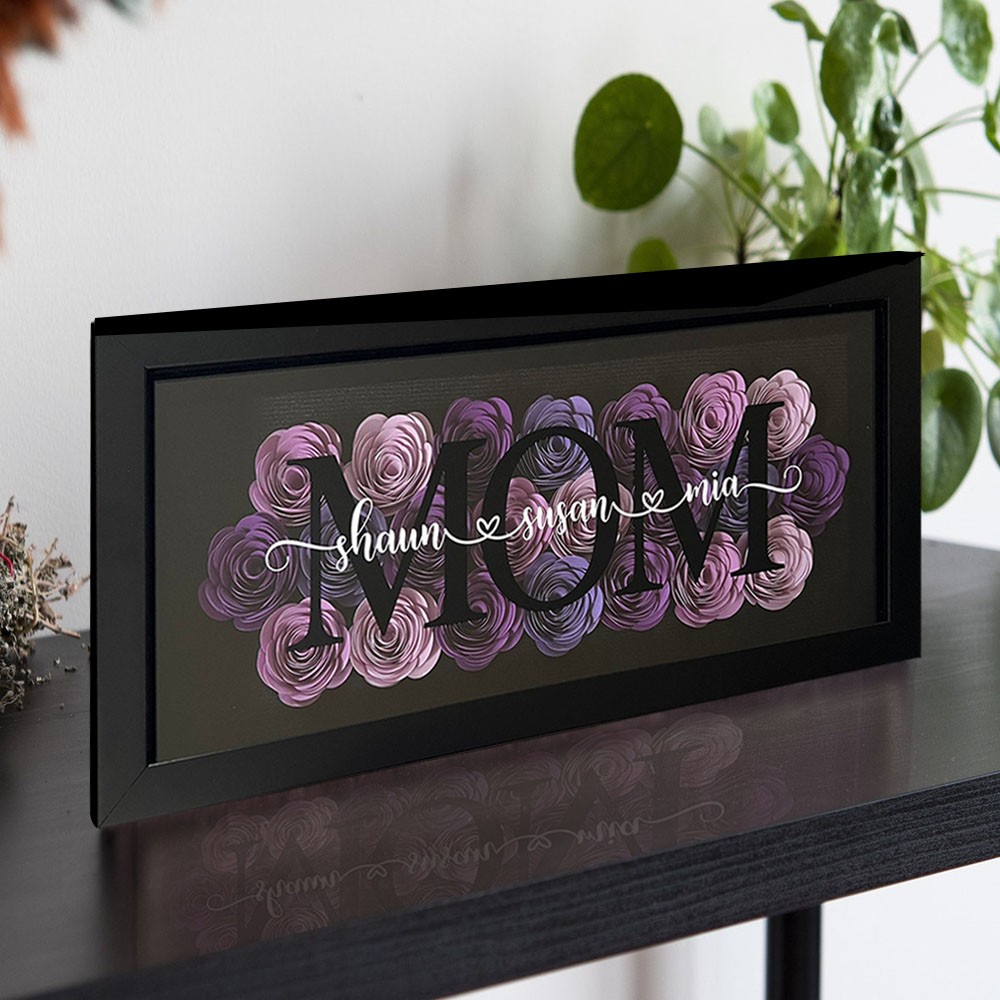 Personalised Mum Flower Shadow Box With Kids Name For Grandma Mother's Day Gift Ideas