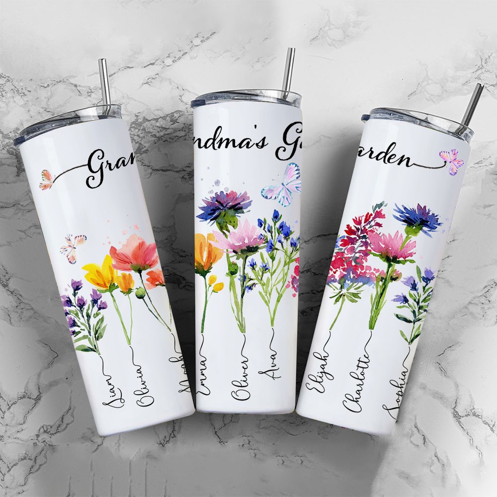 Personalised Grandma's Garden Tumbler With Grandkids Name and Birth Month Flower For Mother's Day