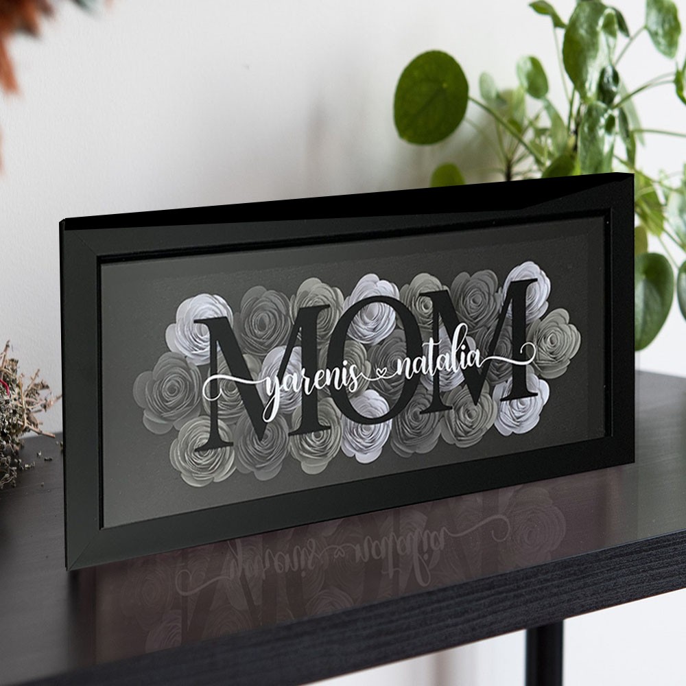 Personalised Mum Flower Shadow Box With Kids Name For Grandma Mother's Day Gift Ideas