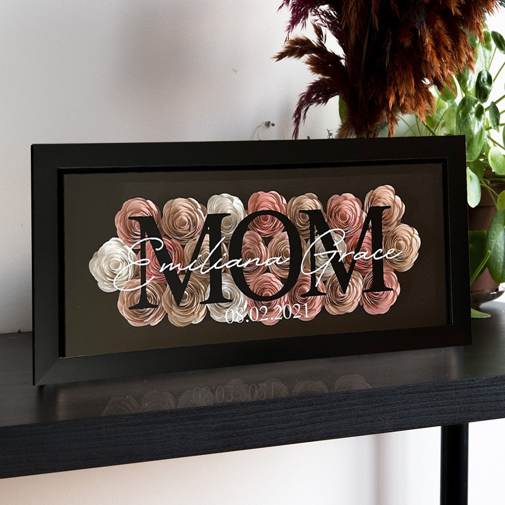 Personalised Mum Flower Shadow Box With Kids Name For Grandma Mother's Day Gift Ideas