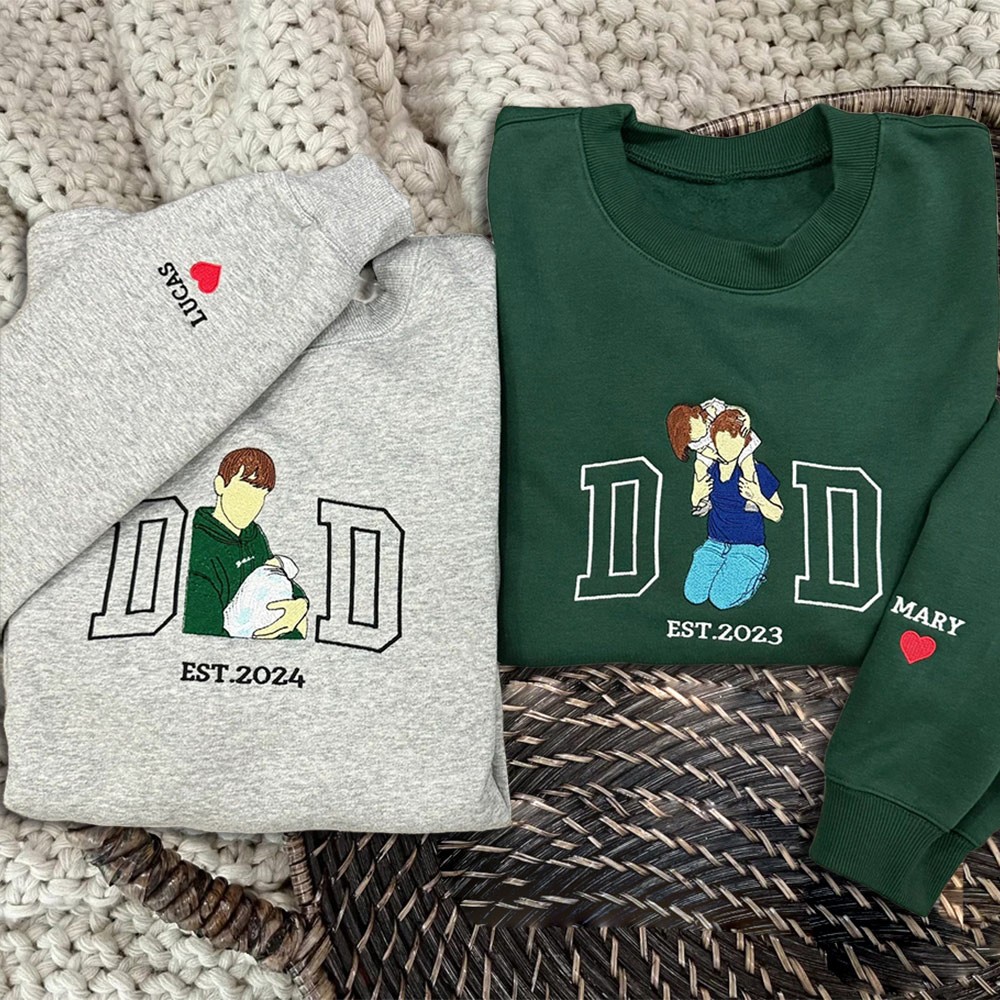 Custom Embroidered Dad Sweatshirt From Portrait with Kid Name Fathers Day or Birthday Gift for Dad