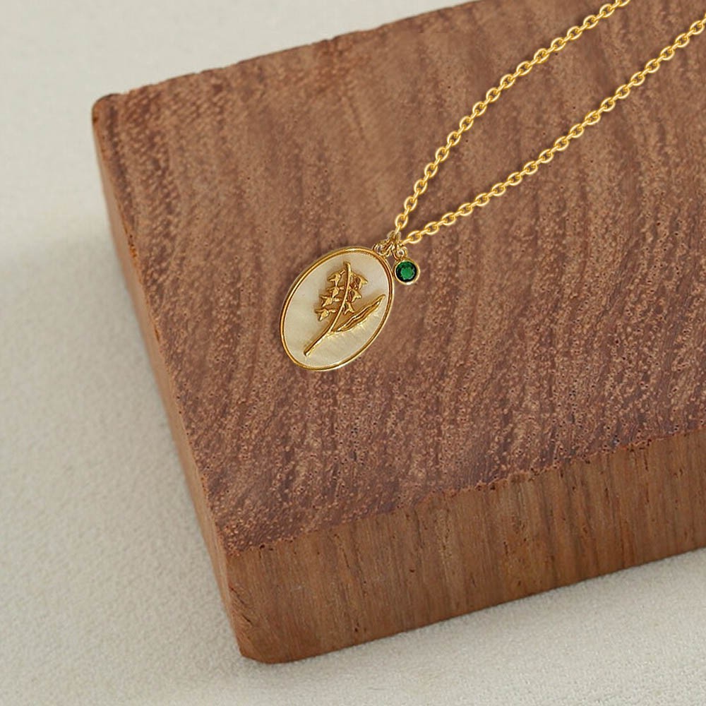 Personalised Dainty Birth Month Flower Mother Shell Gold Necklace With Birthstone For Mum