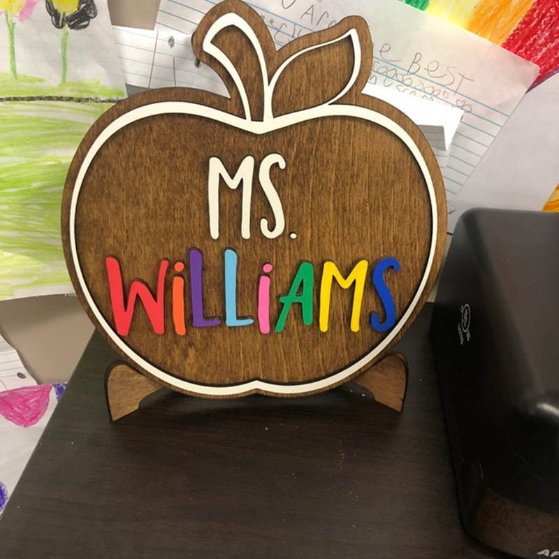 Personalised Teacher Name Wood Apple Sign Back to School Office Decor Christmas Gift