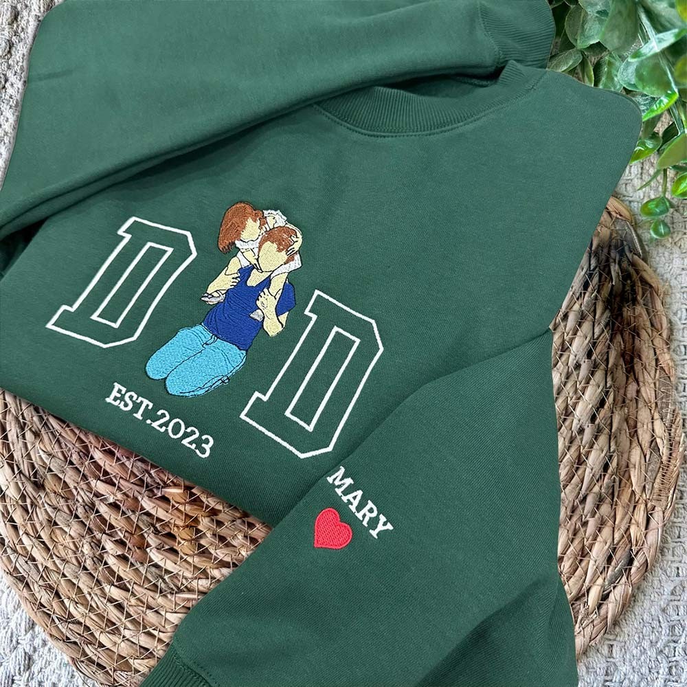 Custom Embroidered Dad Sweatshirt From Portrait with Kid Name Fathers Day or Birthday Gift for Dad