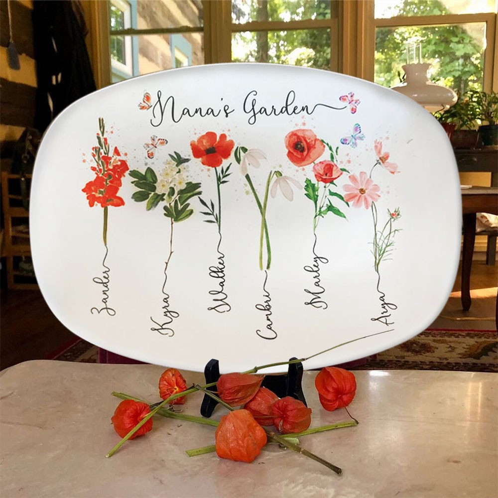 Personalised Nana's Garden Platter With Grandkids Name and Birth Month Flower For Mother's Day