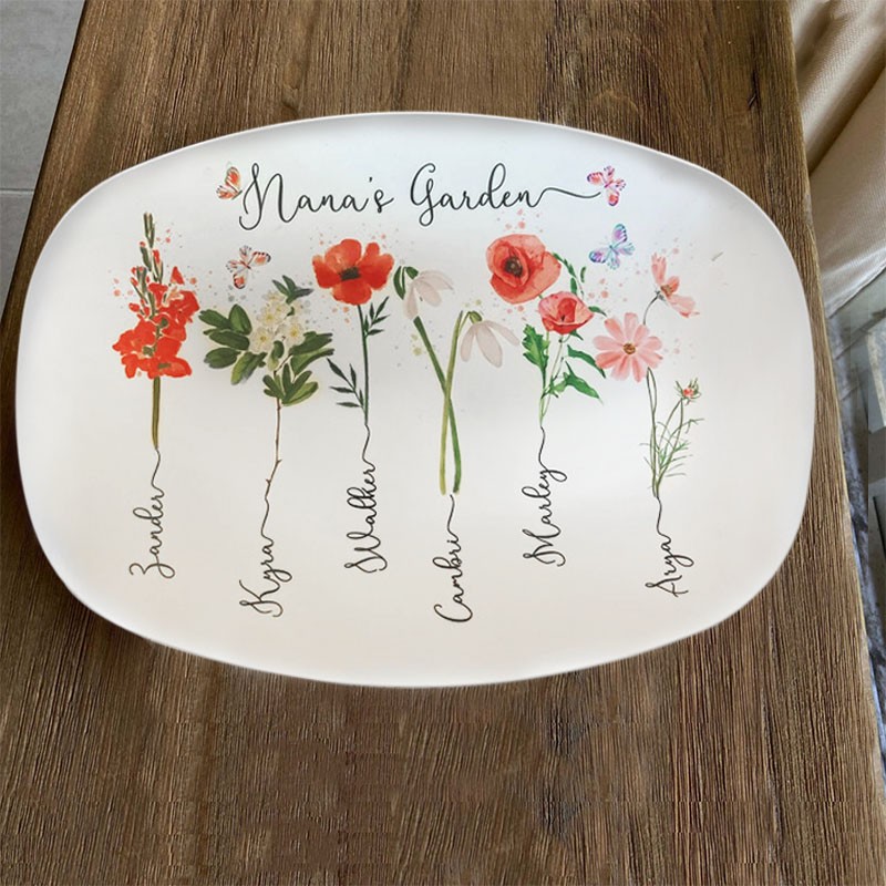Nana's Garden Plate Personalised Birth Month Flower Platter With Kids Name For Mother's Christmas Day