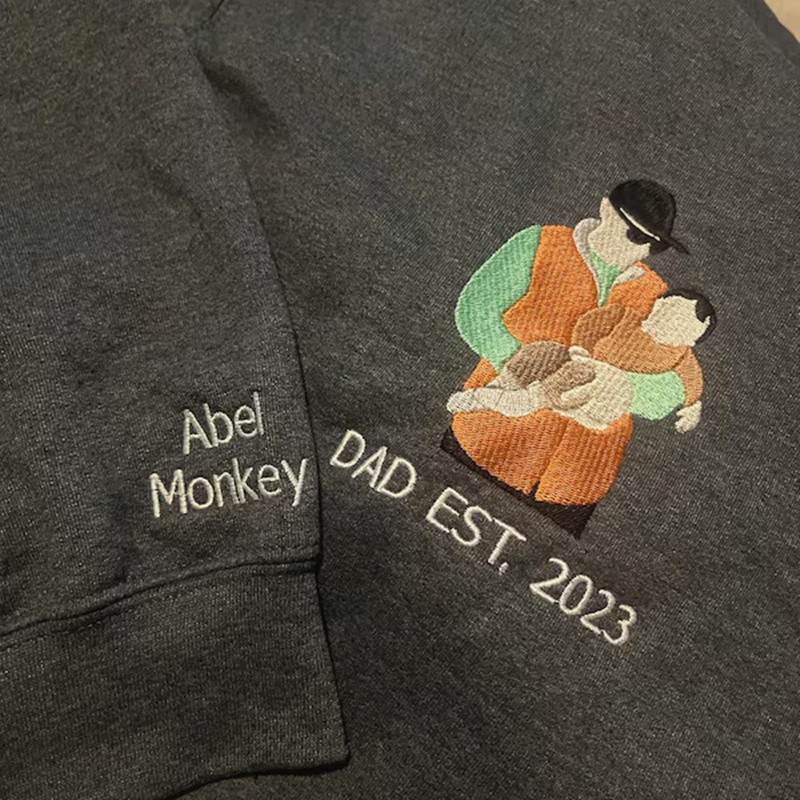 Custom Embroidered Dad Sweatshirt From Portrait with Kid Name Fathers Day or Birthday Gift for Dad