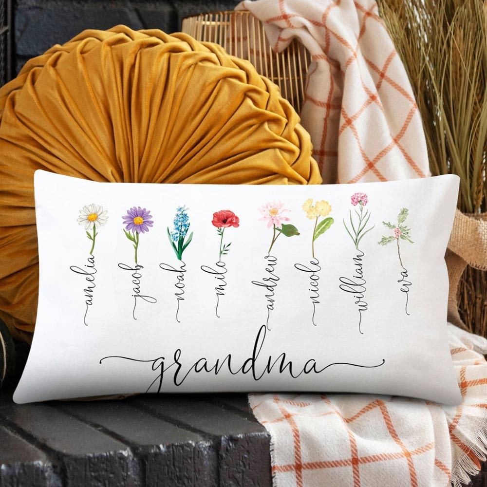 Personalised Grandma's Garden Pillow With Grandkids Names & Birth Month Flowers For Mother's Day