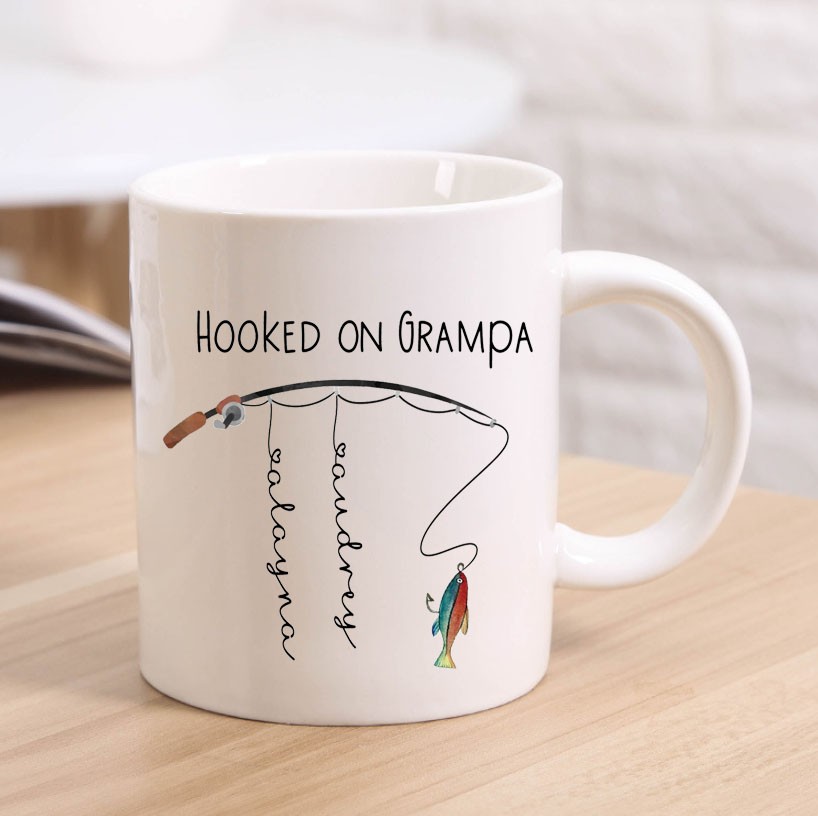 Personalised Coffee Mug Hooked on Grampa Fishing Gift With Kids Name
