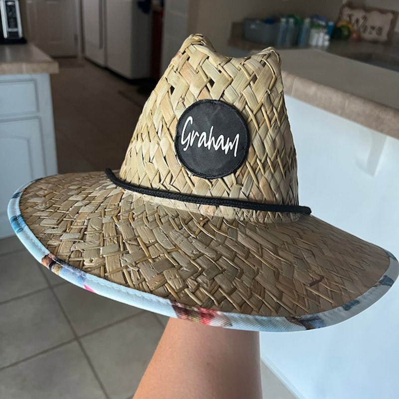 Personalised Leather Patch Name Straw Sun Hat with For Kids Adult