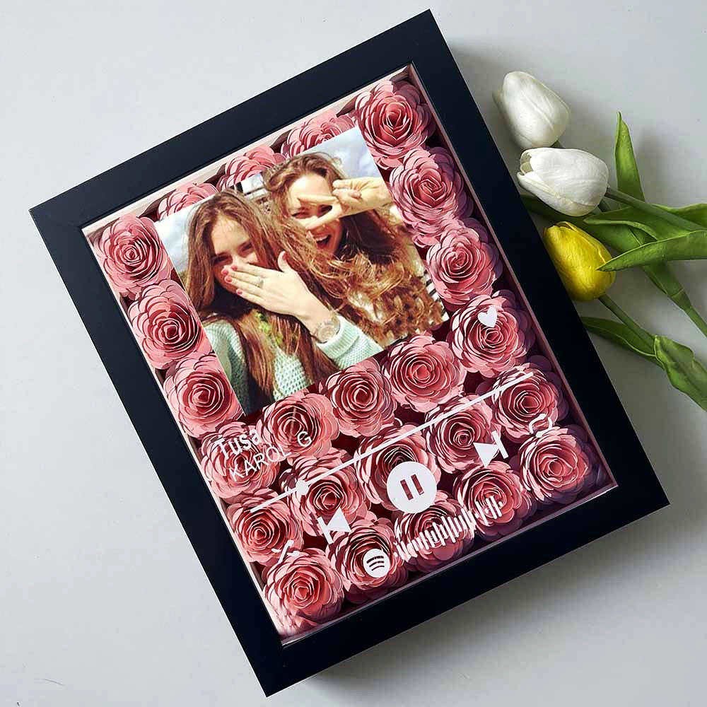 Personalised Spotify Flower Shadow Box With Best Friends Photo For Anniversary Galentine's Day