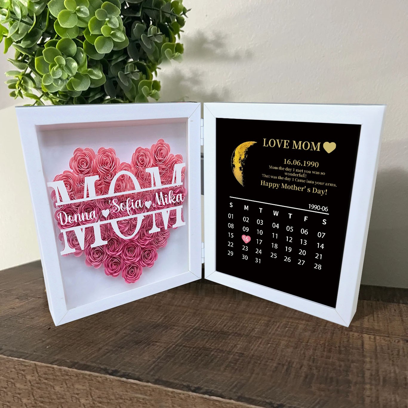 Personalised Flower Shadow Box Moon Phase Calendar with Names Gift for Mother's Day