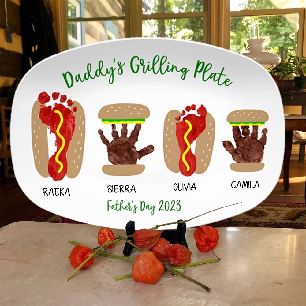 Personalised Burger Hot Dog Handprint Footprint Plate With Name For Father's Day