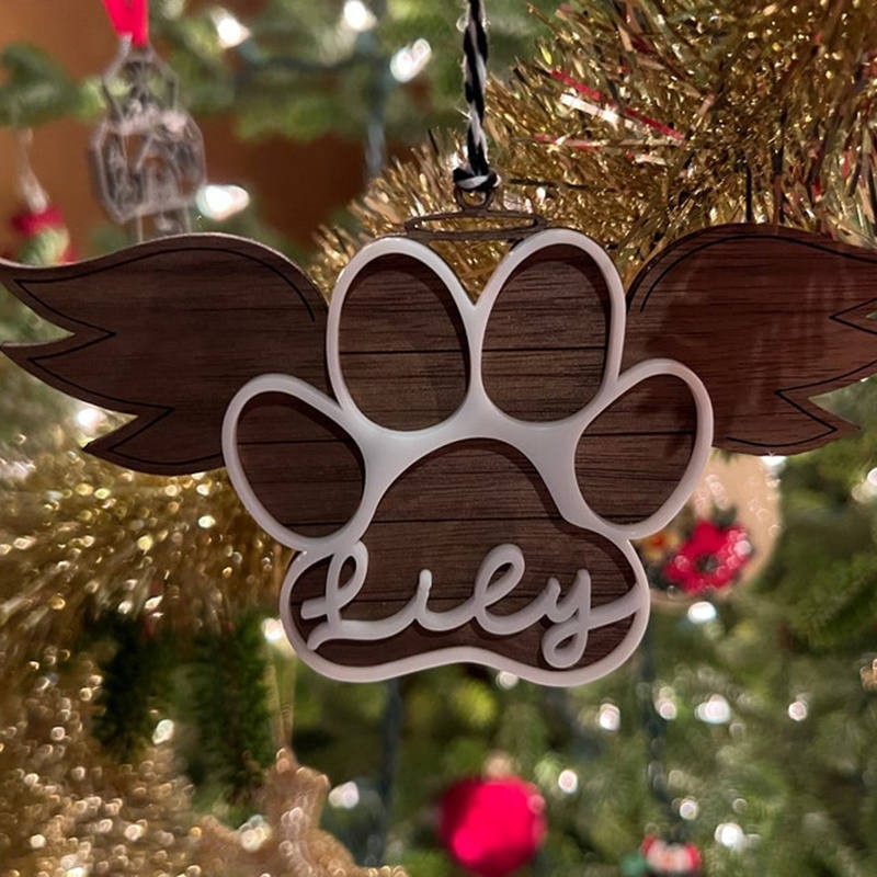 Personalised Wood Pet Paw Memorial Ornament with Wings Name Engraved