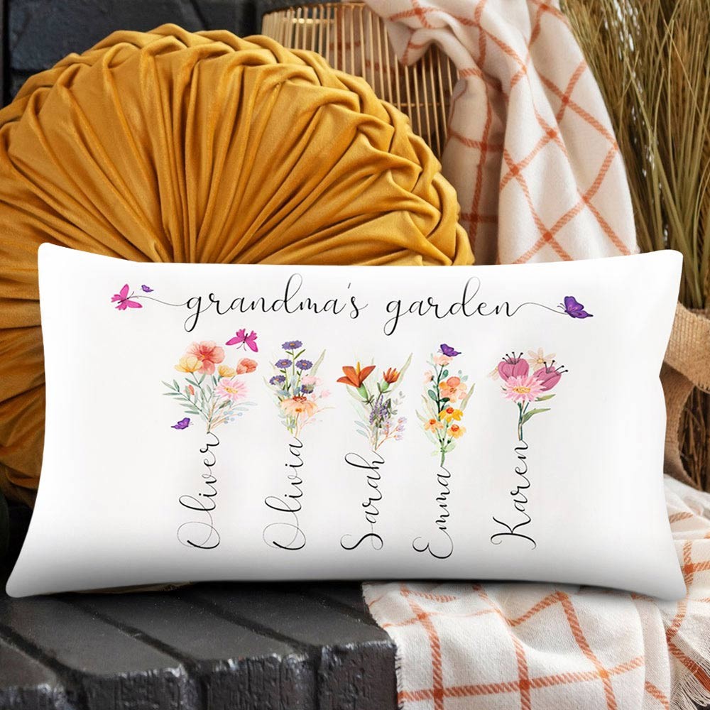 Personalised Grandma's Garden Pillow Birth Month Flower With Grandkids Name For Mother's Christmas Day