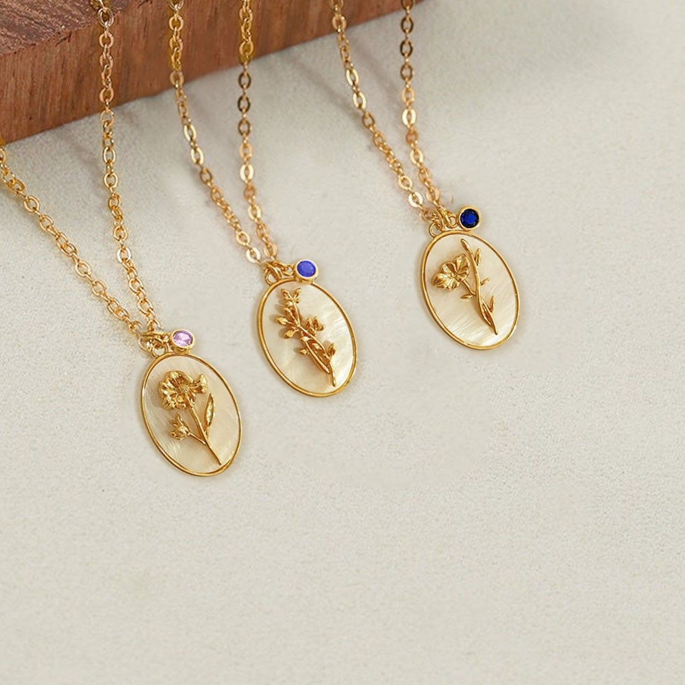 Personalised Dainty Birth Month Flower Mother Shell Gold Necklace With Birthstone For Mum