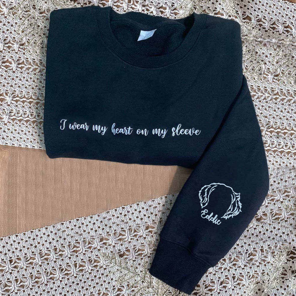 Custom I Wear My Heart On My Sleeve Embroidered Dog and Cat Ear Outline Crewneck For Pet Lover