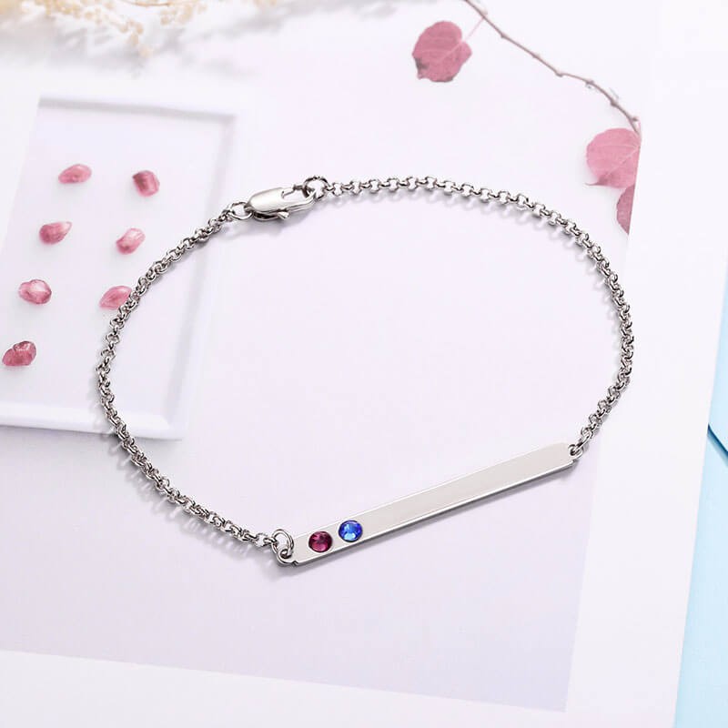 2 Stone Birthstone Silver Name Bar Bracelet