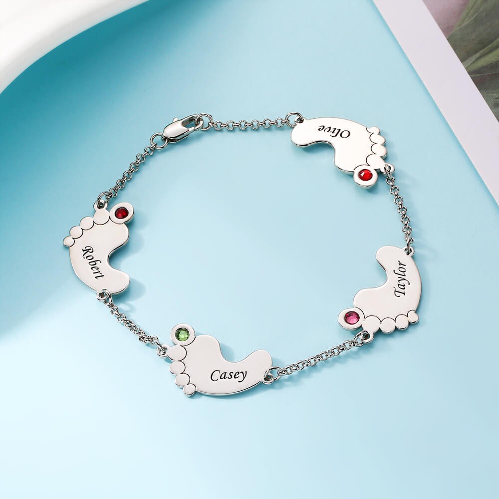 Personalized Birthstone Baby Feet Name Bracelet with 1-4 Charms