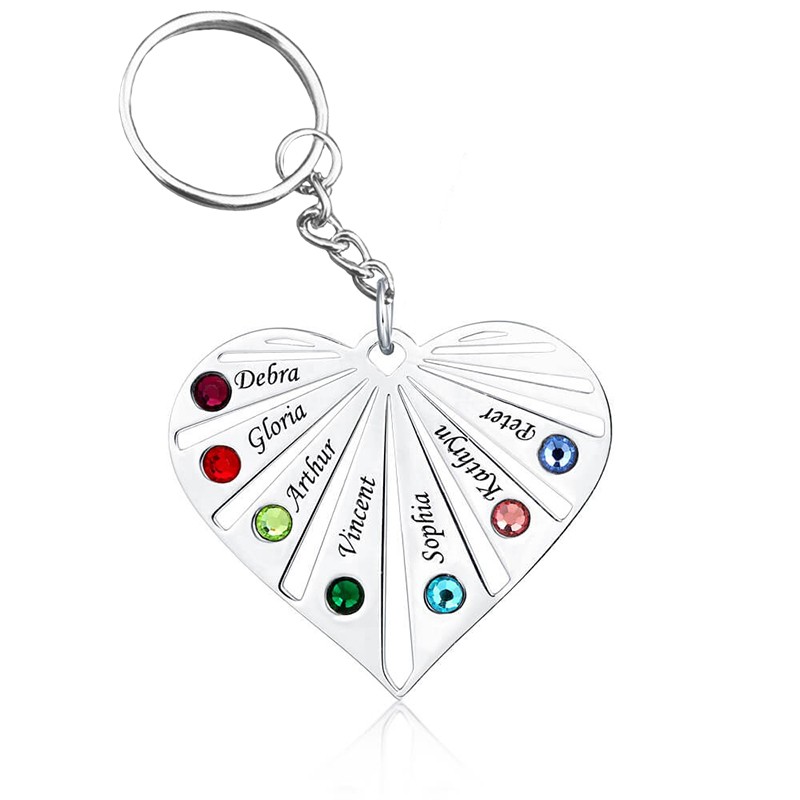 Sterling Silver Personalised 1-8 Engraving Names with Birthstone Key Chain Gift